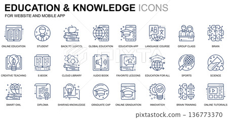 Simple Set Education and Knowledge Line Icons for Website and Mobile Apps. Contains such Icons as Studying, School, Graduation, E-Book. Conceptual color line icon. Vector pictogram pack. 136773370