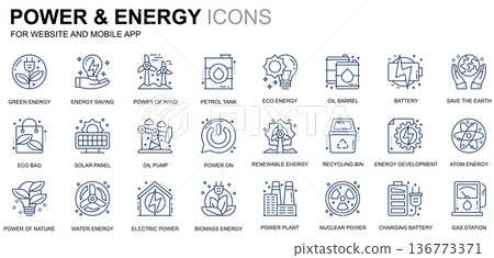 Simple Set Power Industry and Energy Line Icons for Website and Mobile Apps. Contains such Icons as Solar Panel, Eco Energy, Power Plant. Conceptual color line icon. Vector pictogram pack. 136773371