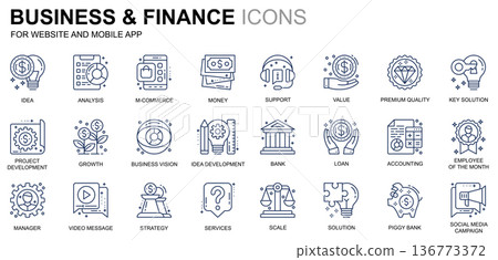 Simple Set Business and Finance Line Icons for Website and Mobile Apps. Contains such Icons as Analysis, Money, Accounting, Strategy, Bank. Conceptual color line icon. Vector pictogram pack. 136773372