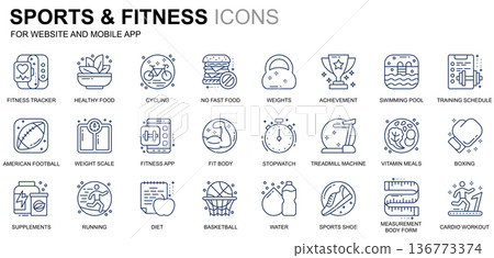 Simple Set Sport and Fitness Line Icons for Website and Mobile Apps. Contains such Icons as Fit Body, Swimming, Fitness App, Supplements. Conceptual color line icon. Vector pictogram pack. Simple Set Sport and Fitness Line Icons for Website and Mobile Apps. Contains such Icons as Fit Body, Swimming, Fitness App, Supplements. Conceptual color line icon. Vector pictogram pack. 136773374
