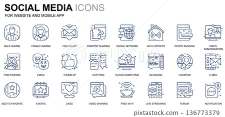 Simple Set Social Media and Network Line Icons for Website and Mobile Apps. Contains such Icons as Avatar, Emoji, Chating, Likes. Conceptual color line icon. Vector pictogram pack. Simple Set Social Media and Network Line Icons for Website and Mobile Apps. Contains such Icons as Avatar, Emoji, Chating, Likes. Conceptual color line icon. Vector pictogram pack. 136773379