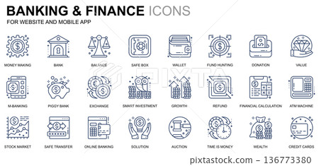 Simple Set Banking and Finance Line Icons for Website and Mobile Apps. Contains such Icons as Balance, E-Banking, Auction, Financial Growth. Conceptual color line icon. Vector pictogram pack. Simple Set Banking and Finance Line Icons for Website and Mobile Apps. Contains such Icons as Balance, E-Banking, Auction, Financial Growth. Conceptual color line icon. Vector pictogram pack. 136773380