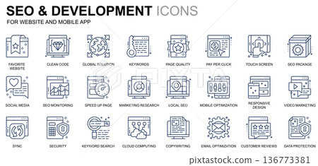 Simple Set Seo and Development Line Icons for Website and Mobile Apps. Contains such Icons as Clean Code, Data Protection, Monitoring. Conceptual color line icon. Vector pictogram pack. Simple Set Seo and Development Line Icons for Website and Mobile Apps. Contains such Icons as Clean Code, Data Protection, Monitoring. Conceptual color line icon. Vector pictogram pack. 136773381