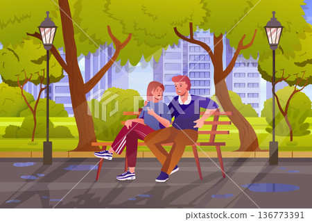 Couple in city garden concept in flat cartoon design. Loving man and woman hugging, talking and sitting on bench in summer city park with green trees. Vector illustration with people scene background 136773391