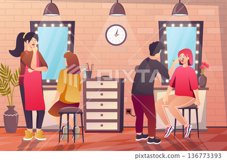 Beauty salon interior concept in flat cartoon design. Beautician makes makeup to female client, hairdresser selects haircut and hair styling for woman. Vector illustration with people scene background Beauty salon interior concept in flat cartoon design. Beautician makes makeup to female client, hairdresser selects haircut and hair styling for woman. Vector illustration with people scene background 136773393