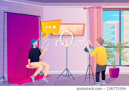 Bloggers room interior concept in flat cartoon design. Woman blogger recording video content with man video operator in professional creative studio. Vector illustration with people scene background 136773394