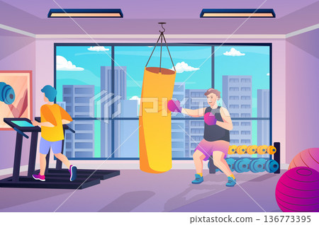 Gym fitness concept in flat cartoon design. Men are running on treadmill or boxing in sports club. Healthy lifestyle and workout training in gym. Vector illustration with people scene background Gym fitness concept in flat cartoon design. Men are running on treadmill or boxing in sports club. Healthy lifestyle and workout training in gym. Vector illustration with people scene background 136773395