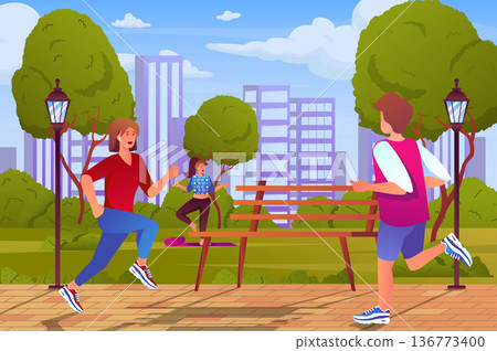 Outdoor workout concept in flat cartoon design. Men and women train in city park, run or do yoga asanas. Healthy lifestyle and sports activities. Vector illustration with people scene background 136773400