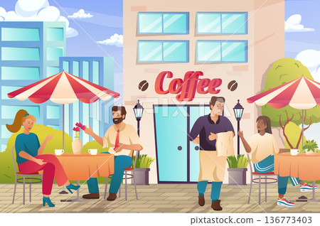 Street cafe exterior with visitors concept in flat cartoon design. Men and women drinking coffee sitting at tables outdoors, waiter serving customers. Vector illustration with people scene background 136773403