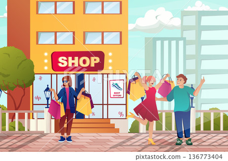 Street shopping with customers concept in flat cartoon design. Men and women buyers with bags walking near stores and making purchases at sales. Vector illustration with people scene background Street shopping with customers concept in flat cartoon design. Men and women buyers with bags walking near stores and making purchases at sales. Vector illustration with people scene background 136773404