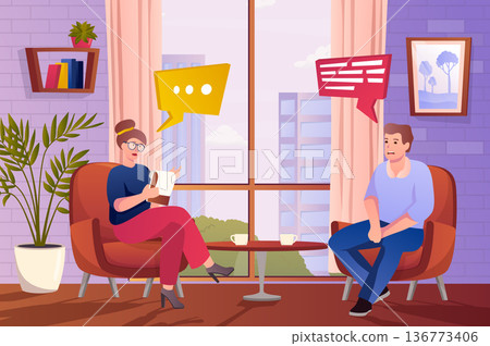 Psychologists office concept in flat cartoon design. Man patient talking to woman psychotherapist while sitting at armchairs. Mental health clinic. Vector illustration with people scene background Psychologists office concept in flat cartoon design. Man patient talking to woman psychotherapist while sitting at armchairs. Mental health clinic. Vector illustration with people scene background 136773406