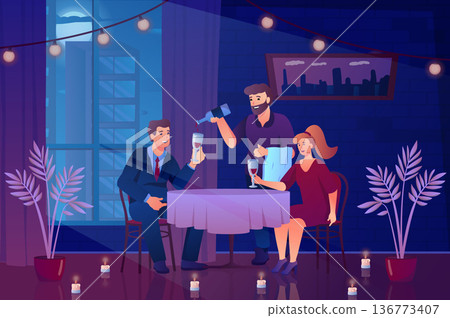 Romantic date concept in flat cartoon design. Loving man and woman drinking wine sitting at table in restaurant. Romantic evening in cafe for couple. Vector illustration with people scene background Romantic date concept in flat cartoon design. Loving man and woman drinking wine sitting at table in restaurant. Romantic evening in cafe for couple. Vector illustration with people scene background 136773407