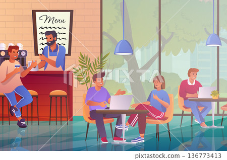 Cafe modern interior with visitors concept in flat cartoon design. Men and women sitting at table in cafeteria. Barista making coffee to customer. Vector illustration with people scene background 136773413