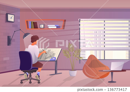 Designer working at home concept in flat cartoon design. Man draws blueprint on tilted table, develops documentation or does creative work in studio. Vector illustration with people scene background 136773417