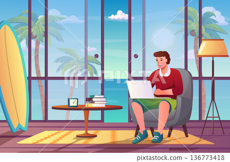 Freelance worker concept in flat cartoon design. Man freelancer works at laptop while sitting in room with huge window with tropical island sea view. Vector illustration with people scene background Freelance worker concept in flat cartoon design. Man freelancer works at laptop while sitting in room with huge window with tropical island sea view. Vector illustration with people scene background 136773418