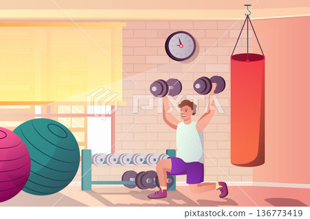 Workout at gym concept in flat cartoon design. Man doing exercises with dumbbells in sports club, doing weightlifting and strength training at gym. Vector illustration with people scene background Workout at gym concept in flat cartoon design. Man doing exercises with dumbbells in sports club, doing weightlifting and strength training at gym. Vector illustration with people scene background 136773419