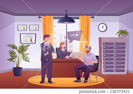 Work interview concept in flat cartoon design. Job applicant talks to HR team managers in office. Recruitment process, looking for new employee. Vector illustration with people scene background 136773421