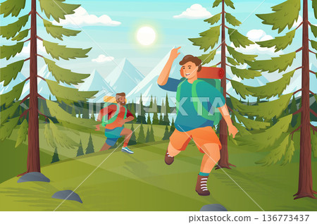 Travelers hiking in forest concept in flat cartoon design. Men hikers with backpacks run in green forest, summer camping outdoors, mountain tourism. Vector illustration with people scene background 136773437