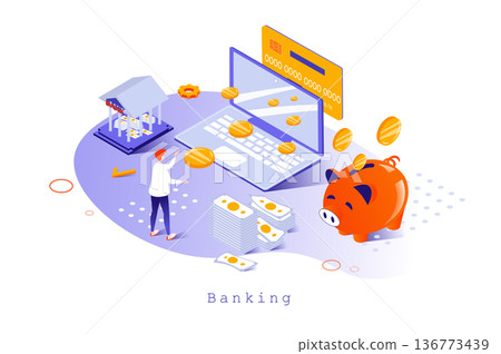 Banking concept in 3d isometric design. Customer using digital wallet and personal financial account, making transactions and paying, web template with people scene. Vector illustration for webpage Banking concept in 3d isometric design. Customer using digital wallet and personal financial account, making transactions and paying, web template with people scene. Vector illustration for webpage 136773439