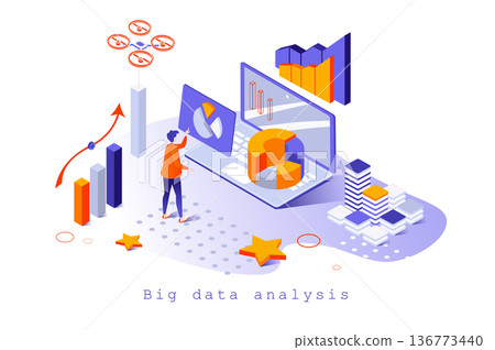 Big data analysis concept in 3d isometric design. User making marketing research, works with business statistics in online data center, web template with people scene. Vector illustration for webpage Big data analysis concept in 3d isometric design. User making marketing research, works with business statistics in online data center, web template with people scene. Vector illustration for webpage 136773440
