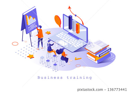 Business training concept in 3d isometric design. Employees learning at coach lecture, mentoring and consulting, career development, web template with people scene. Vector illustration for webpage Business training concept in 3d isometric design. Employees learning at coach lecture, mentoring and consulting, career development, web template with people scene. Vector illustration for webpage 136773441
