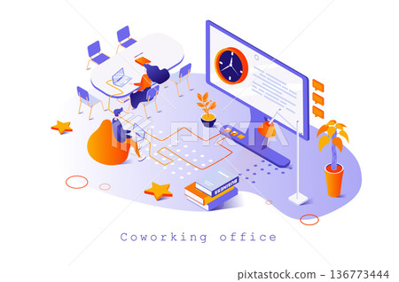 Coworking office concept in 3d isometric design. Colleagues work on laptops in open space, collaboration, communication and teamwork, web template with people scene. Vector illustration for webpage 136773444