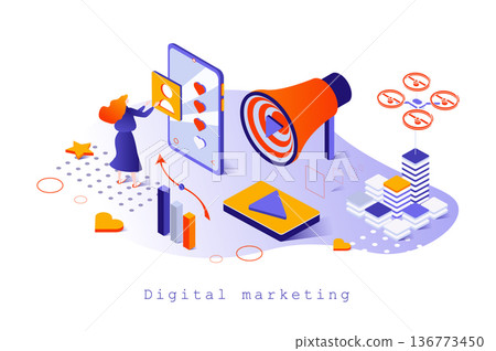 Digital marketing concept in 3d isometric design. Marketer doing data research and analysis, online advertising, business promotion, web template with people scene. Vector illustration for webpage Digital marketing concept in 3d isometric design. Marketer doing data research and analysis, online advertising, business promotion, web template with people scene. Vector illustration for webpage 136773450