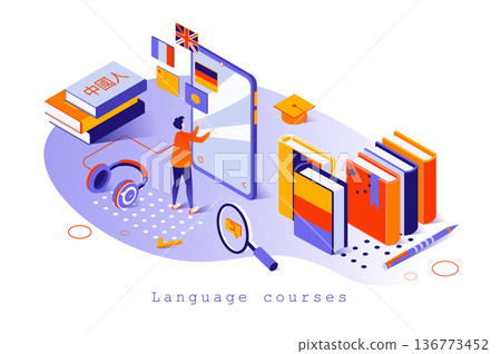 Language courses concept in 3d isometric design. Student studies foreign languages online, learns to speak and translate, reads books, web template with people scene. Vector illustration for webpage Language courses concept in 3d isometric design. Student studies foreign languages online, learns to speak and translate, reads books, web template with people scene. Vector illustration for webpage 136773452