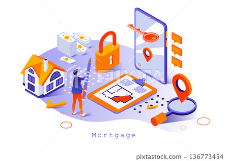 Mortgage concept in 3d isometric design. Buyer takes bank loan to buy new house, concludes agreement with realtor, real estate business, web template with people scene. Vector illustration for webpage Mortgage concept in 3d isometric design. Buyer takes bank loan to buy new house, concludes agreement with realtor, real estate business, web template with people scene. Vector illustration for webpage 136773454