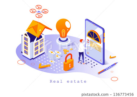 Real estate concept in 3d isometric design. Realtor buying and selling houses and apartments, building company, real estate business, web template with people scene. Vector illustration for webpage Real estate concept in 3d isometric design. Realtor buying and selling houses and apartments, building company, real estate business, web template with people scene. Vector illustration for webpage 136773456