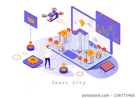 Smart city concept in 3d isometric design. Futuristic cityscape with modern infrastructure, wi-fi technology and alternative energy, web template with people scene. Vector illustration for webpage Smart city concept in 3d isometric design. Futuristic cityscape with modern infrastructure, wi-fi technology and alternative energy, web template with people scene. Vector illustration for webpage 136773460