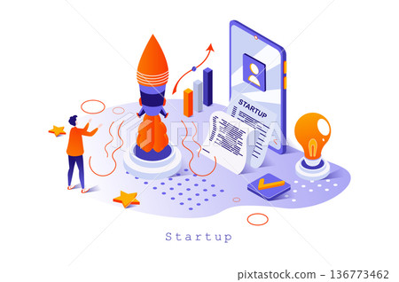 Startup concept in 3d isometric design. Businessman creates and launches new business, planning, management and investment attraction, web template with people scene. Vector illustration for webpage 136773462