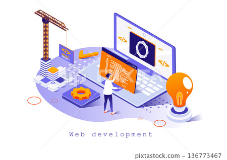 Web development concept in 3d isometric design. Designer works with code, interface engineering, programming, settings and optimizes pages, template with people scene. Vector illustration for webpage Web development concept in 3d isometric design. Designer works with code, interface engineering, programming, settings and optimizes pages, template with people scene. Vector illustration for webpage 136773467
