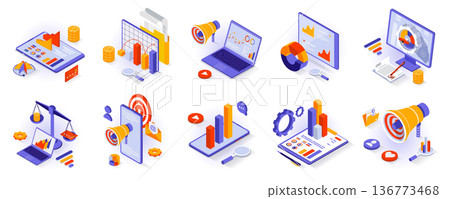 Business and marketing concept isometric 3d icons set. Market research and statistics, data analytics, customer attraction, promotion and advertising isometry isolated collection. Vector illustration Business and marketing concept isometric 3d icons set. Market research and statistics, data analytics, customer attraction, promotion and advertising isometry isolated collection. Vector illustration 136773468
