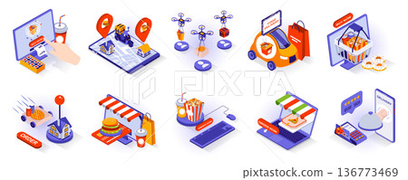Food delivery concept isometric 3d icons set. Online order from restaurant at computer, tracking parcel at mobile app, courier or drone with package, isometry isolated collection. Vector illustration Food delivery concept isometric 3d icons set. Online order from restaurant at computer, tracking parcel at mobile app, courier or drone with package, isometry isolated collection. Vector illustration 136773469