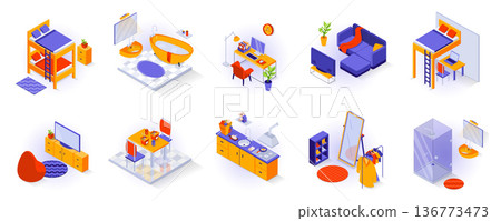 Home interiors elements concept isometric 3d icons set. Furnished rooms isometry isolated collection. Bedroom, bathroom, living room, childs room, kitchen, wardrobe and other. Vector illustration 136773473