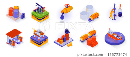 Oil and Industry concept isometric 3d icons set. Extraction, transportation and distribution isometry isolated collection. Barrels, pipeline, equipment, gas station and other. Vector illustration Oil and Industry concept isometric 3d icons set. Extraction, transportation and distribution isometry isolated collection. Barrels, pipeline, equipment, gas station and other. Vector illustration 136773474