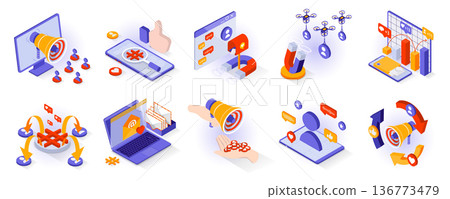 Social media concept isometric 3d icons set. Online promotion, digital marketing, active users networking, email newsletters, audience attraction, isometry isolated collection. Vector illustration Social media concept isometric 3d icons set. Online promotion, digital marketing, active users networking, email newsletters, audience attraction, isometry isolated collection. Vector illustration 136773479