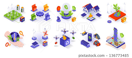 Eco lifestyle concept isometric 3d icons set. Environmental protection, eco friendly technology, green renewable energy, smart home and electric cars, isometry isolated collection. Vector illustration 136773485