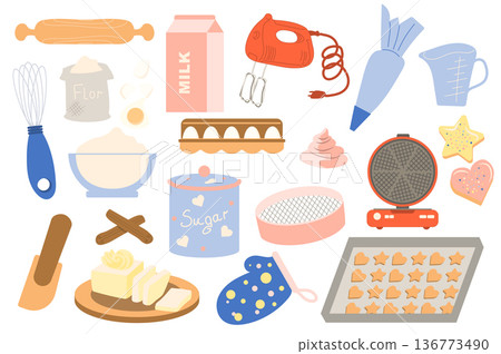 Homemade bakery collection in flat cartoon design. Kitchen utensils and ingredients for making desserts. Rolling pin, flour, milk, whisk, eggs and other set isolated elements. Vector illustration Homemade bakery collection in flat cartoon design. Kitchen utensils and ingredients for making desserts. Rolling pin, flour, milk, whisk, eggs and other set isolated elements. Vector illustration 136773490