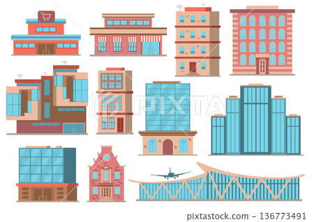 City buildings concept collection in flat cartoon design. Different types of private or public buildings in modern architecture style. Real estate cityscape set isolated elements. Vector illustration 136773491
