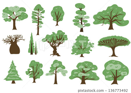 Green trees concept collection in flat cartoon design. Different types of deciduous and coniferous trees with green crown. Parks, gardens and forests plants set isolated elements. Vector illustration Green trees concept collection in flat cartoon design. Different types of deciduous and coniferous trees with green crown. Parks, gardens and forests plants set isolated elements. Vector illustration 136773492