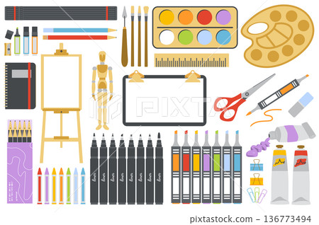 Artist drawing tools set in flat cartoon design. Painter instruments isolated elements. Easel, canvas, pencils, paints, markers, palette, scissors, notepad stationery and others. Vector illustration 136773494