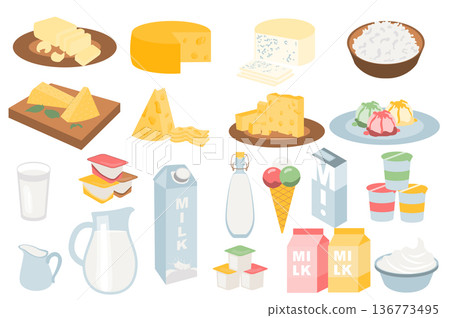 Milk products set in flat cartoon design. Different types of cheeses, cottage cheese in bowl, milk in jug or glass, yoghurts in containers, ice cream, desserts, various packaging. Vector illustration Milk products set in flat cartoon design. Different types of cheeses, cottage cheese in bowl, milk in jug or glass, yoghurts in containers, ice cream, desserts, various packaging. Vector illustration 136773495