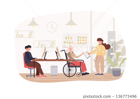 Programmers working at office modern flat concept. Developers coding, discuss tasks. Handicapped person on wheelchair work in IT industry. Vector illustration with people scene for web banner design 136773496