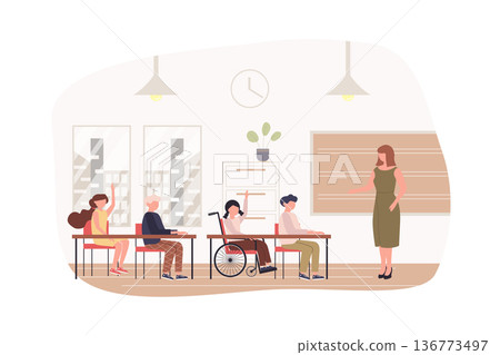 Children learning at school modern flat concept. Pupils sit at desks, answer teacher questions. Education and accessible class for disabled. Vector illustration with people scene for web banner design 136773497