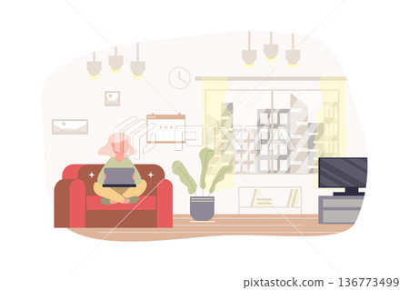 Freelance working at home modern flat concept. Woman freelancer sitting with laptop on sofa in living room. Remote worker doing work online. Vector illustration with people scene for web banner design Freelance working at home modern flat concept. Woman freelancer sitting with laptop on sofa in living room. Remote worker doing work online. Vector illustration with people scene for web banner design 136773499