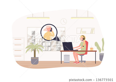 Customer service and tech support modern flat concept. Woman operator answers clients call, consults and solves problems online at office. Vector illustration with people scene for web banner design Customer service and tech support modern flat concept. Woman operator answers clients call, consults and solves problems online at office. Vector illustration with people scene for web banner design 136773501