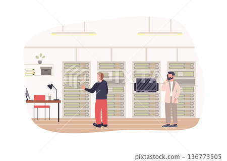 Data center and maintenance staff modern flat concept. Engineers maintain server operation, optimize and administer hardware equipment. Vector illustration with people scene for web banner design 136773505