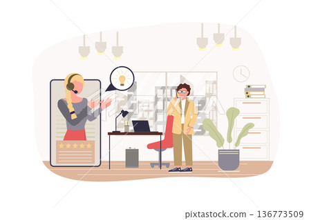 Virtual assistant modern flat concept. Client calls technical support service and personal consultant solves the problem by smartphone. Vector illustration with people scene for web banner design Virtual assistant modern flat concept. Client calls technical support service and personal consultant solves the problem by smartphone. Vector illustration with people scene for web banner design 136773509